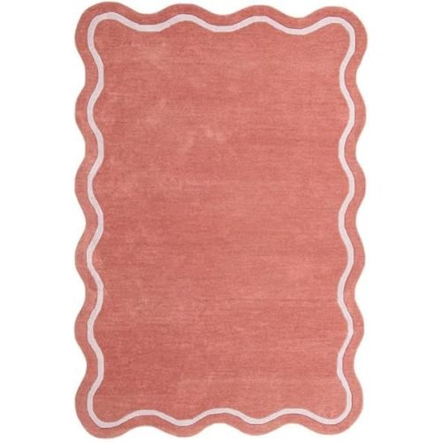 Handmade Scalloped Edge Area Rug, 100% Wool Solid Plain Modern Rug with Wavy Border, Soft Plush Floor Carpet for Living Room Bedroom Dining Room Nursery (Coral Pink, 5' x 8')