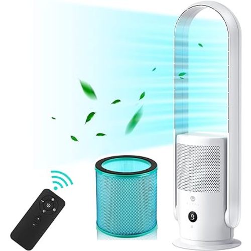 U ULTTY Bladeless Tower Fan and Air Purifier in one, True HEPA Filter 99.97% Smoke Dust Pollen Dander, Oscillating Tower Fan with Remote Control CR022D, White