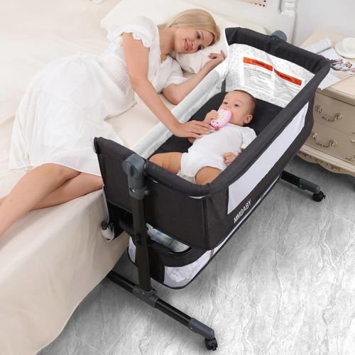MMBABY Baby Bassinet Bedside Sleeper Bedside Crib Easy Folding Portable Crib 3 in 1 Travel Baby Bed with Adjustable Height,Breathable Net,Large Storage Bag and Mattress