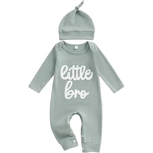 allshope Newborn Baby Boy Fall Outfit Romper Little Brother Lil Bro Long Sleeve Jumpsuit Bodysuit Cute Infant Waffle Clothes