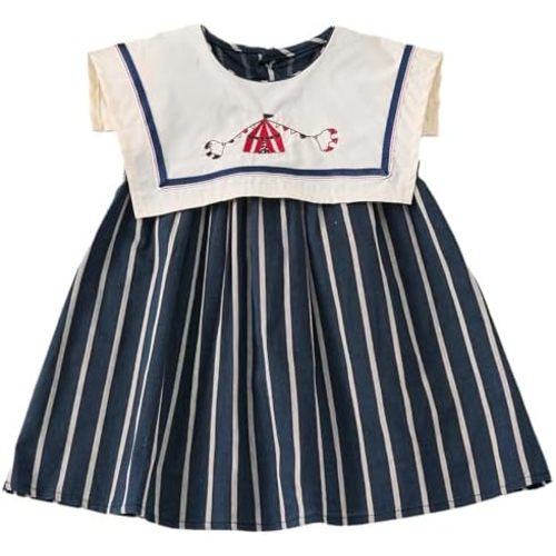 Baby Girls Sleeveless Navy Collar Striped Dress with Embroidery, 6 Months-5 Years, Summer Casual Style