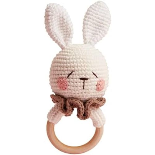 Organic Wooden Baby Rattle for Infant, Newborn - Crochet Stuffed Bunny - Baby Teether Toy - RingTeether Baby - Pregnant Announcement - Handmade Baby Gifts - Christmas Gifts for New Baby, Postpartum