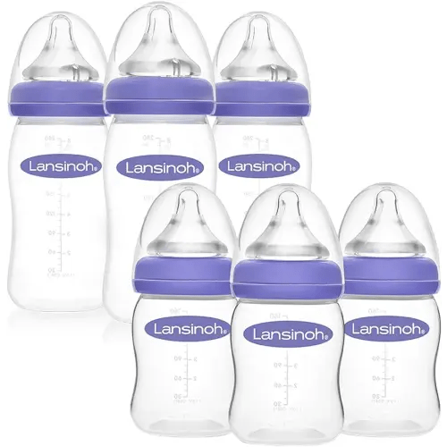 Lansinoh Anti-Colic Baby Bottles for Feeding Babies, 3 Count Each of 5 Ounces and 8 Ounces, 6 Bottles Total, Includes 3 Medium Flow Nipples (Size M) and 3 Slow Flow Nipples (Size S)
