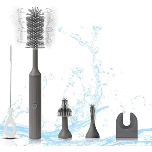 Electric Baby Bottle Brush Set with Rechargeable Electric Bottle Brush Cleaner and Replaceable Silicone Bottle Brushes and Straw Brush Cleaner, Waterproof Multi-Purpose Cleaning Brush(Grey)