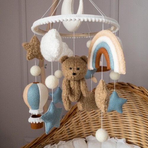 Blue felt mobile with plush boucle bear, Teddy bear mobile, Flying baer crib mobile, Blue nursery mobile for boy, Boucle stars clouds mobile