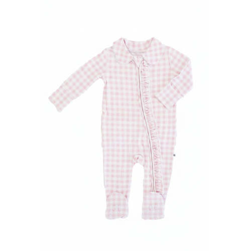 Peter Pan Collar Ruffle Zipper Footie in Rosy Gingham | Caden Lane