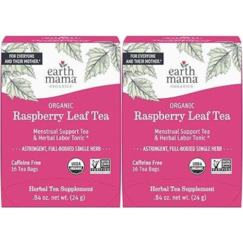 Earth Mama Organic Raspberry Leaf Tea Bags | Labor Tonic & Menstrual Support Herbal Tea, Red Raspberry Leaf Tea for Pregnancy & Postpartum Care Recovery, Caffeine Free Tea, Non GMO, (16-Teabags, 2-Pk)
