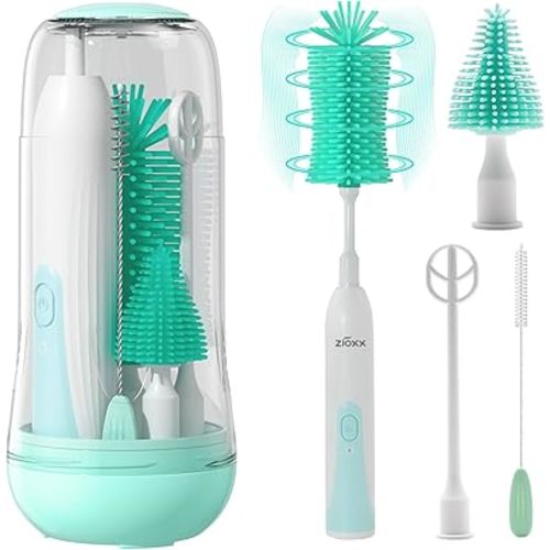 Electric Bottle Brush Cleaner, Portable Electric Baby Bottle Brush Cleaner for Travel, Rechargable Travel Bottle Cleaner Kit with Nipple & Straw Brush, Perfect Mom Essentials After Birth Gift, Green