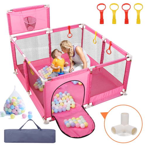 JoyStone 50 x 50 Baby Playpen with 30 Ocean Balls, Soft Mesh Sides, Basketball Hoop & Pull Rings, Indoor Baby Fence for Toddlers, Pink