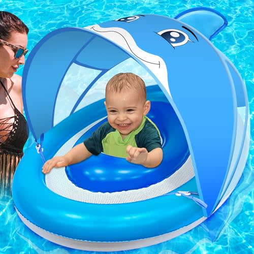 AMENON Baby Pool Float with 4 Stage Adjustable Removable Sun Canopy UPF50+ Sun Protection for 6-36 Months, Dual Air Chambers & Never Flip Over Safety Seat, Infant Swim Float with Sunshade