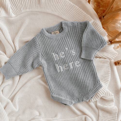 He's Here Powder Blue Long Sleeve Knit Romper - Romper Only - birth announcement - first outfit - winter