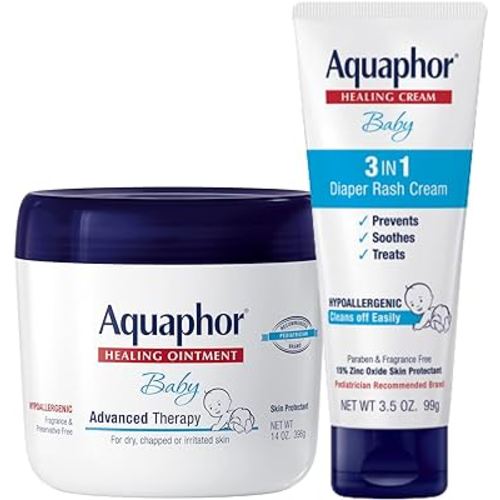 Aquaphor Baby Skin Care Set - Fragrance Free, Prevents, Soothes and Treats Diaper Rash - Includes 14 oz. Jar of Advanced Healing Ointment & 3.5 oz Tube of Diaper Rash Cream