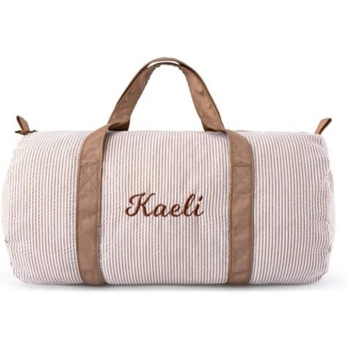 MT WORLD Seersucker Girls Duffle Bag Personalized Toddler Dance Bag with Embroidered Name Small Overnight Duffle for Little Girls Ballet Gym Weekender Travel,Custom Birthday Baby Shower Gifts (Brown)