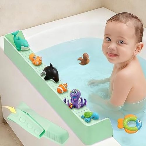 31-Ft Tub Kids Toy Tray Silicone Bathtub Splash Guard with 11 Suction Cups Holder,Soft Silicone Splash Guard for Easy Clean & Fold, Universal for Tub, Bathroom Sink, Kitchen Sink (Green)
