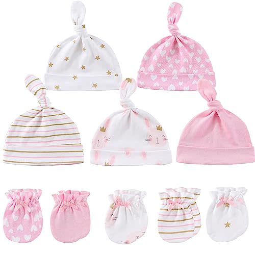 MAMIMAKA Baby Hat and Mittens Set Newborn Baby Hats Caps for Baby Boys Girls 0-6 Months 100% Cotton