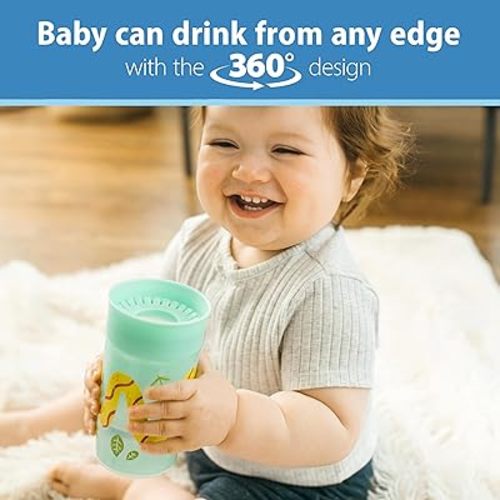 Dr. Brown's Milestones Cheers 360 Cup Spoutless Transition Cup, Travel Friendly & Leak-Free Sippy Cup – Turquoise Snake, 10 oz/300 mL, 1 pack