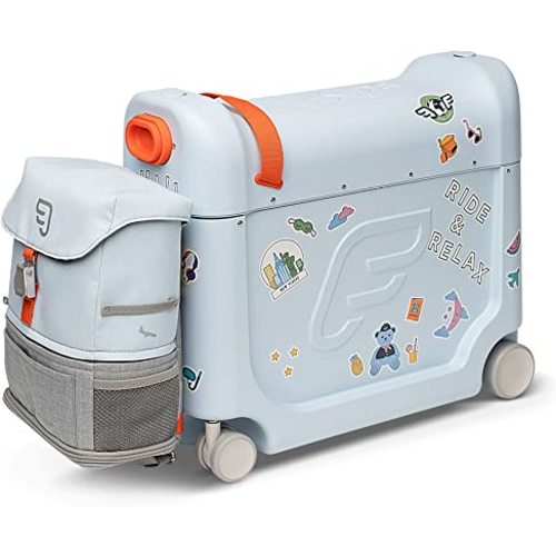 JetKids Stokke Travel Bundle, Blue - Includes BedBox Ride-On Suitcase & Backpack - Best for Kids 2-7 Years Old (Up to 77 lbs)