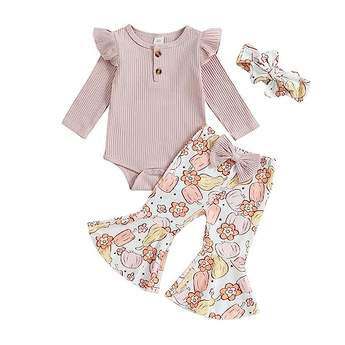 Kuriozud Newborn Baby Girl Bell Bottom Outfit Ruffle Romper Cute Bow Flare Pants Set Headband Cute Clothes