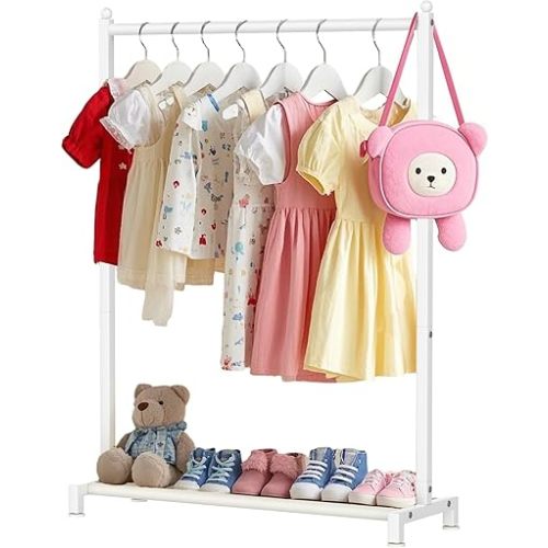 Kids Clothing Rack with Bottom Storage Shelf, Metal Clothes Rack for Kids Dress Up Storage, Freestanding Dance Costume Garment Rack for Hanging Clothes, White