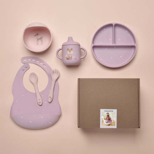 Silicone Baby Feeding Set (6 Pcs) Forest Friends – Bib, Bowl, Plate, Cup, Spoon & Fork – Baby Bertie