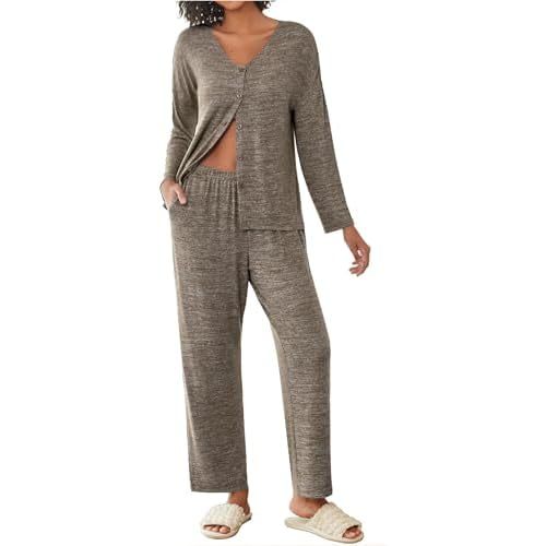 Ekouaer Womens Pajama Sets Button Up Long Sleeve Pjs Ribbed Knit Soft Lounge Set 2 Piece Sleepwear with Pockets