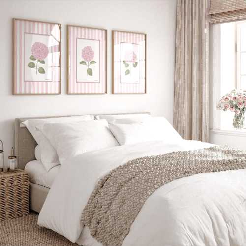 French country wall art Pink hydrangea print set 3 Striped floral art Grandmillenial art Hydrangea wall art Botanical prints Dorm wall art