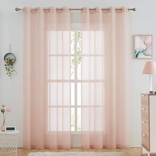 July Joy Semi Linen Look Sheer Curtains for Bedroom, Living Room Grommet Light Filtering Solid Voile Window Curtains, Set of 2 Panels (52 x 96 inch, Blush)