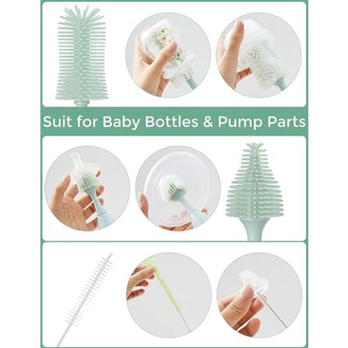 Momcozy Bottle Brush Kit, Innovative Push-Press Design for Better Cleaning - Baby Bottle Cleaner Brush for Baby Bottle, Breast Pumps, Nipples, and More - Can Generate Foam for Better Cleaning, Green