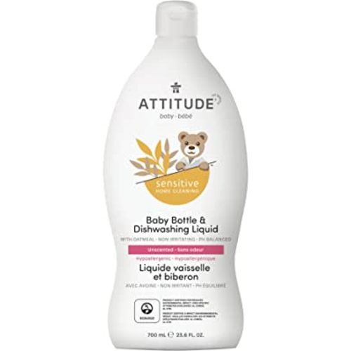 ATTITUDE Baby Dish Soap for Sensitive Skin with Oatmeal, Plant and Mineral-Based Ingredients, Vegan Household Products, Unscented, 23.6 Fl Oz