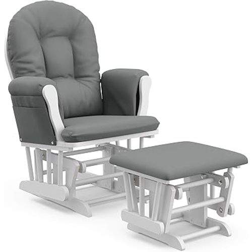 Storkcraft Premium Hoop Glider & Ottoman (White/Gray) — GREENGUARD Gold Certified Nursery Glider, Solid Wood Craftsmanship, Smooth-Gliding Nursery Chair and Ottoman, Award-Winning