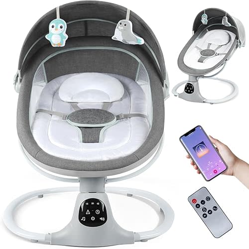 Electric Baby Swing for Infants to Toddler, 0-9 Months Portable Swing Rocker 5 Sway Speed, Bluetooth,12 Preset Lullabies with Remote Control, Infant Swing for Baby Boys & Girls, Grey