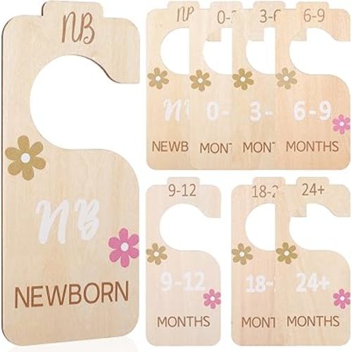 8PCS Wooden Baby Closet Dividers, 3D Double-Sided Baby Wardrobe Organizer Boho Adorable Daisy Nursery Decor Hanger from Newborn to 24 Months Size Clothes
