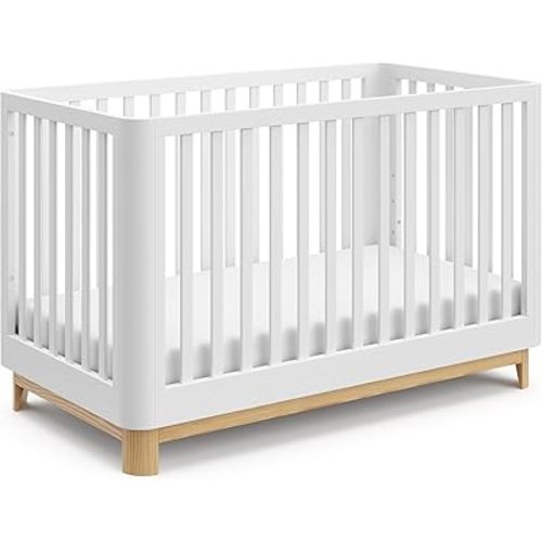 Storkcraft Santos 3-in-1 Convertible Crib (White with Natural) – GREENGUARD Gold Certified, Fits Standard Crib Mattress, Converts to Toddler Bed, Modern Style, Rounded Designer Details
