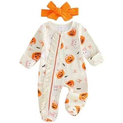 My First Halloween Baby Girl Outfit Newborn Pumpkin Ghost Footie Jumpsuit Ruffle Zipper Romper Cute Baby Fall Clothes