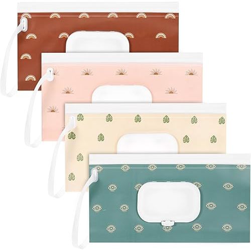 4 Pack Baby Wipe Dispenser Portable Cute Pattern Wipes Holder Container On The Go Refillable Wet Wipe Pouch Reusable Travel Wipes Case with Lanyard for Outdoor Camping Hiking Bathroom