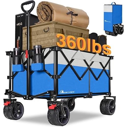 Moon Lence Collapsible Folding Wagon Cart Heavy Duty Folding Garden Portable Hand Cart with All-Terrain Beach Wheels, Adjustable Handle & Drink Holders (Blue)
