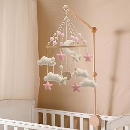 Cloud Mobile for Crib - A Handmade Cloud Crib Mobile with Moon and Pink Stars