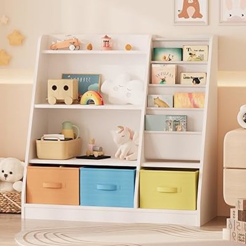 NACHES Kids Bookshelf and Toy Storage Organizer, Montessori Nursery Book Shelves with Sling Rack & Fabric Toy Bins, Toddler Baby Bookcase, Wooden Toy Shelf for Kids Room, Playroom, White-Colorful