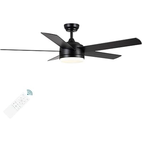YUHAO 52 inch Black Ceiling Fan with Lights and Remote Control,Dimmable 3 Color temperatures LED,6 Speed Reversible DC Motor,5 Blades Modern Ceiling Fan for Indoor or Covered Outdoor