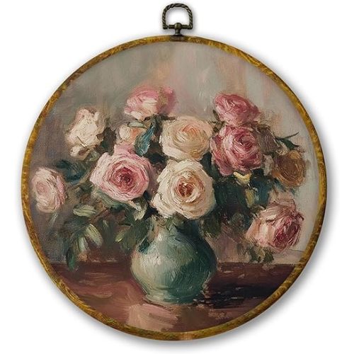 Mcehtle Vintage Floral Botanical Wall Art Decor, Rustic Bloosom Framed Canvas Prints 10x10, Watercolor Modern Flower Round Wall Hanging Artwork Decorations for Bedroom Living Room