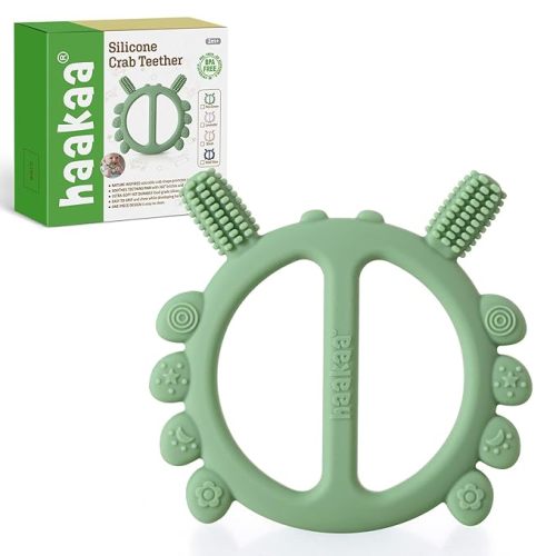 Haakaa Silicone Crab Baby Teether,Teething Toys,360° Baby Toothbrush Head for Infant Self-Brushing Training,Food-Grade Silicone,Pea Green