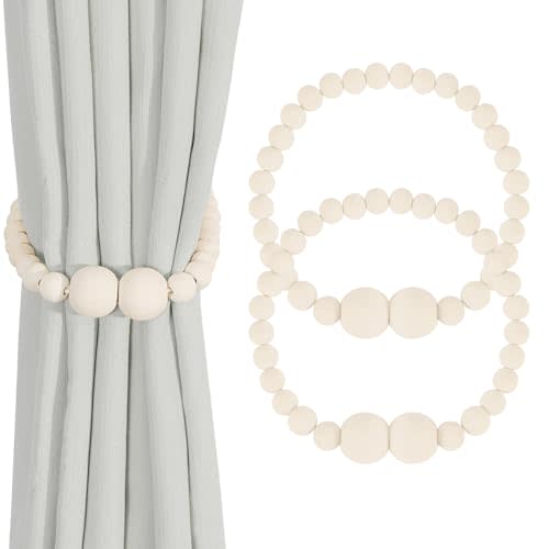 Magnetic Curtain Tiebacks, 2 Pack Curtain Holdbacks for Draperies, Wood Bead Curtain Tiebacks, Elegant Curtain Tie Backs for Bedroom Decor, Boho Room Decor, Nursery Decor, Farmhouse Decor