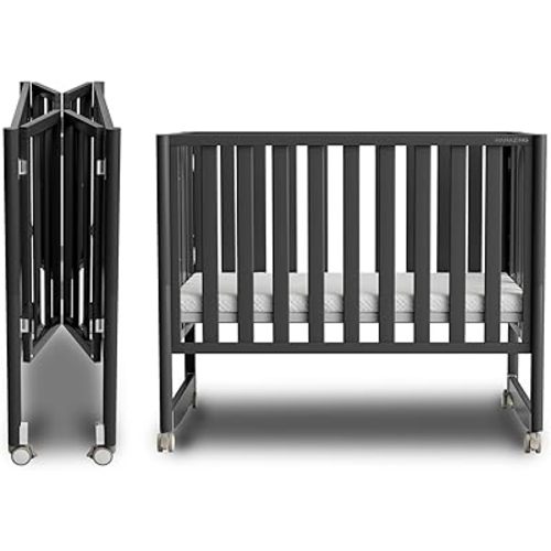 EvoNook 6-in-1 Convertible Mini Crib - Easy Assembly, Portable Folding Baby Mini Crib with Mattress, 100% New Zealand Pinewood, 4 Adjustable Mattress Heights, Black with Mattress