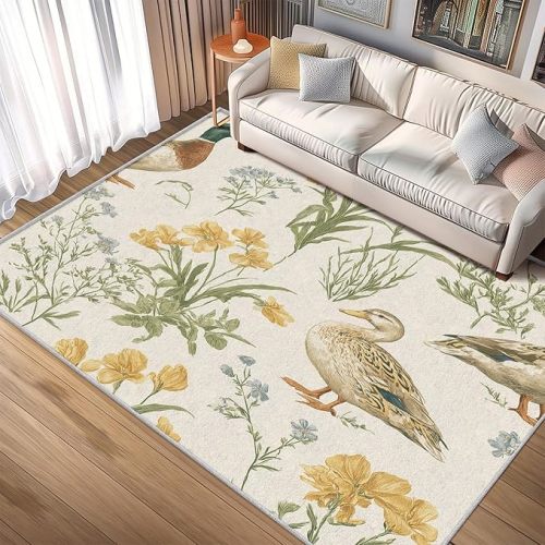 Mallard Duck Rug 4x6 Vintage Farmhouse Country Floral Animal Pattern, Washable Living Room Bedroom Area Rugs, Mallard Duck Decor for Home, Soft Non Slip Indoor Carpet, Low Pile Design & X488