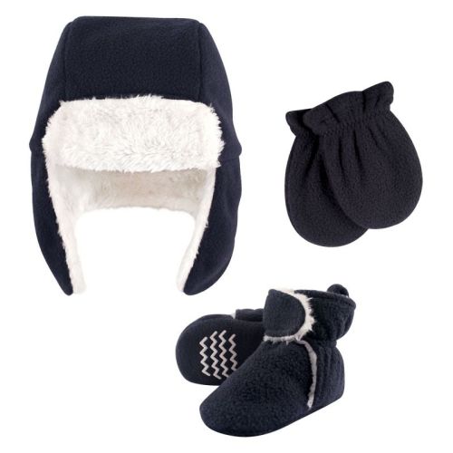 Hudson Baby Infant Boys Trapper Hat, Mitten and Bootie Set, Navy, 0-6 Months