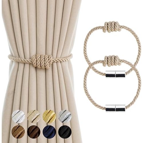 Curtain Tiebacks Magnetic Decorative Curtain Tie Backs for Curtains 2 Pack Rope Curtain Holders for Drapes Outdoor Curtain Holdbacks, Beige