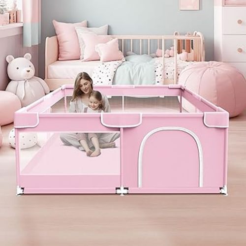 Baby Playpen, Baby Playard for Babies and Toddlers, Baby Fence Play Pens for Indoor & Outdoor, Sturdy Safety Play Yard with Soft Breathable Mesh, Anti-Fall, 50 * 50 * 27 inches, Pink