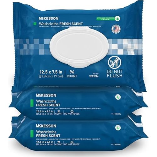 McKesson Washcloth Wipes for Adults, Scented (3 Pack, 288 Washcloths) Disposable Wash Cloths for Body - No-Rinse Formula with Snap Lid - Good for Incontinence and Elderly - 96 Wipes Per Pack