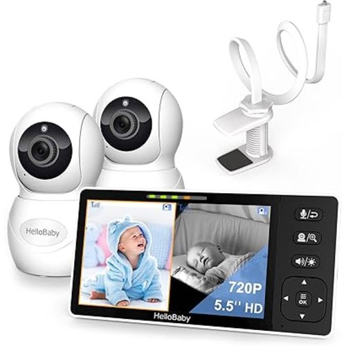 HelloBaby Clip Clamp Mount Baby Monitor with 2 Cameras, 720P 5.5'' HD Split Screen, and 4000mAh Battery - No-WiFi Baby Monitor