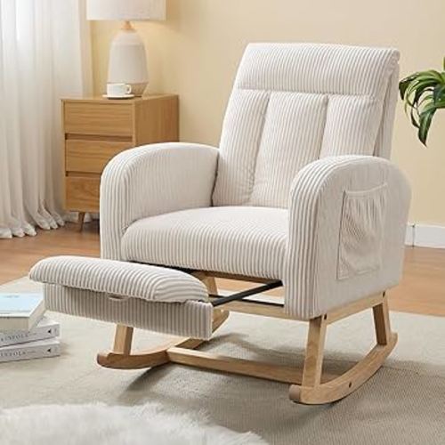 NIOIIKIT Nursery Rocking Chair, Corduroy Upholstered Rocking Chair with Adjustable Footrest, Tufted Rocker Chair with Side Pocket, Glider Rocker for Living Room (Cream Casual)